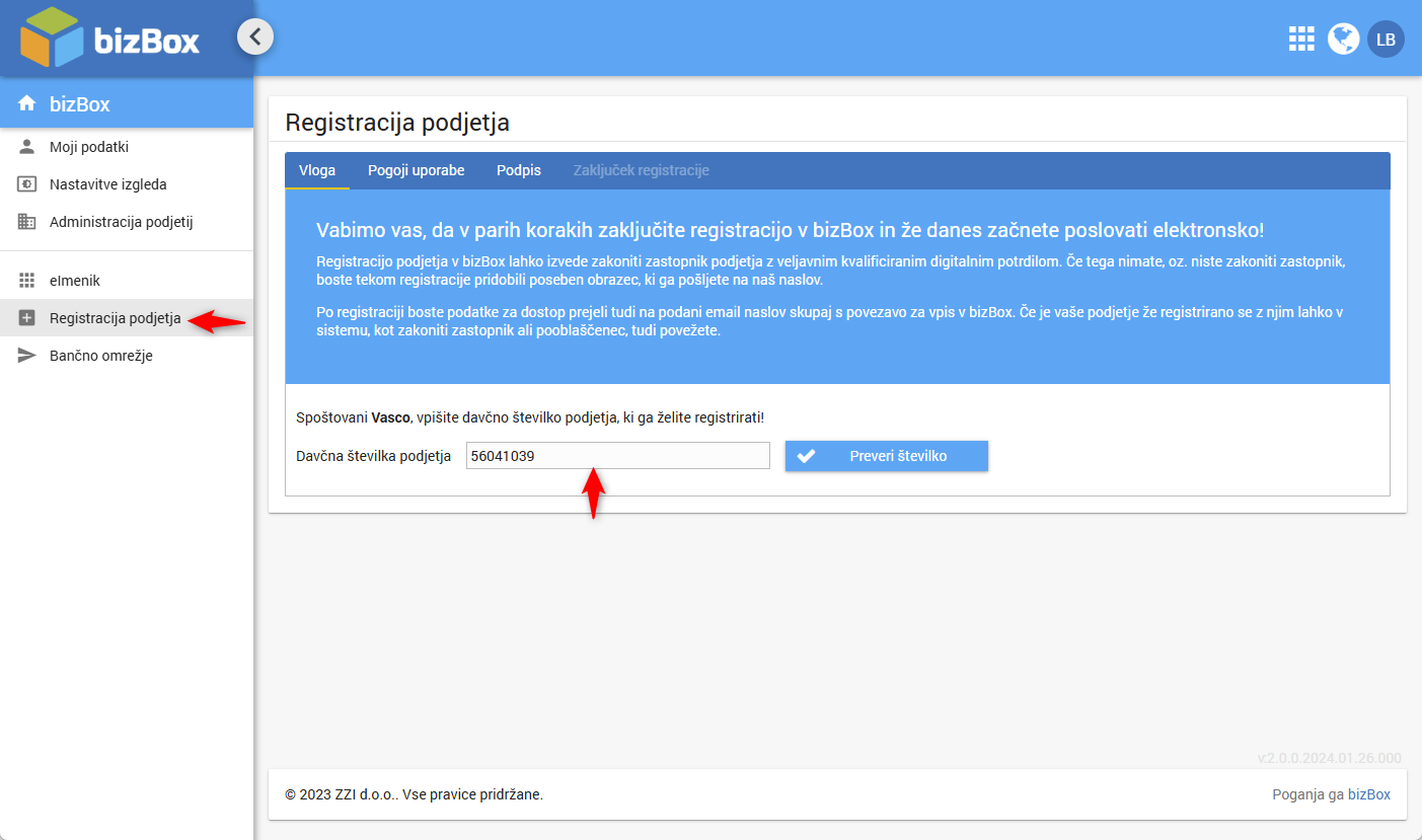 Registracija podjetja bizBox z označenima menijem Registracija podjetja in poljem za davčno številko ter gumbom Preveri številko.