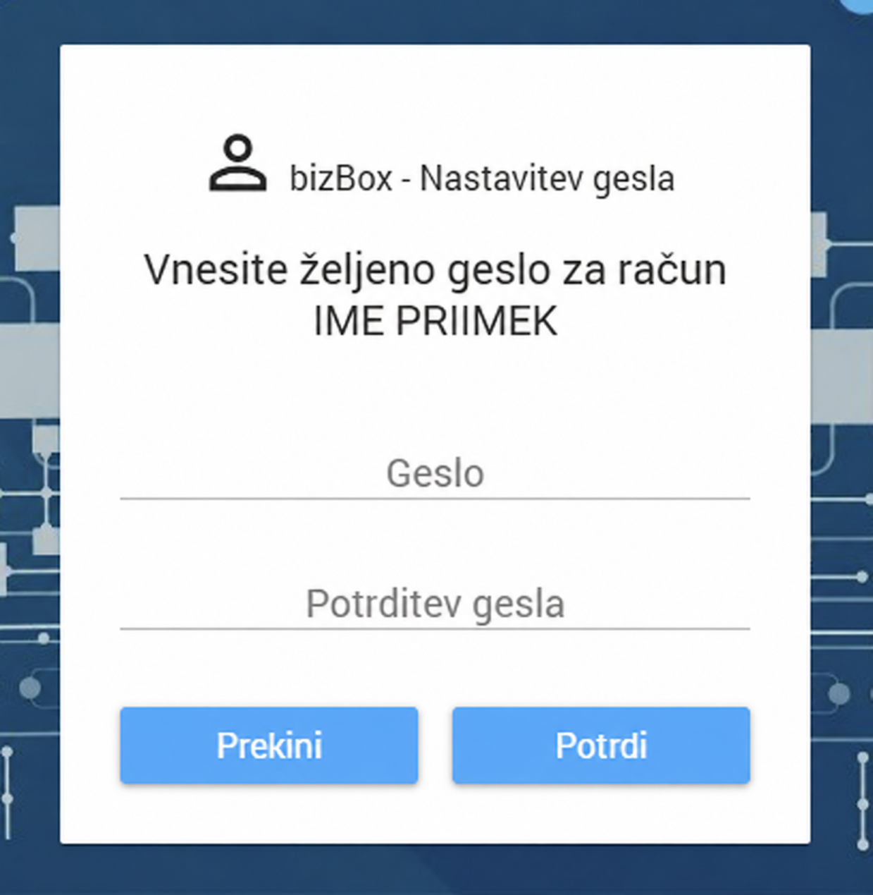 Nastavitev gesla bizBox s poljema Geslo in Potrditev gesla ter gumbom Potrdi.