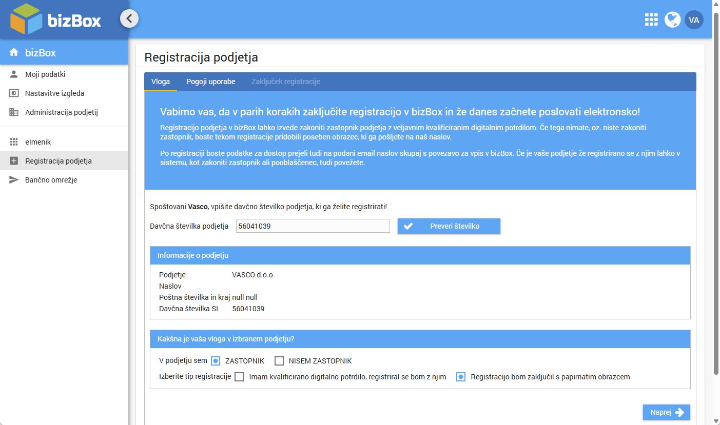 Podatki podjetja ter izbira vloge ZASTOPNIK ali NISEM ZASTOPNIK in zaključka z digitalnim potrdilom ali papirnim obrazcem. Na sliki je izbran papirni obrazec.