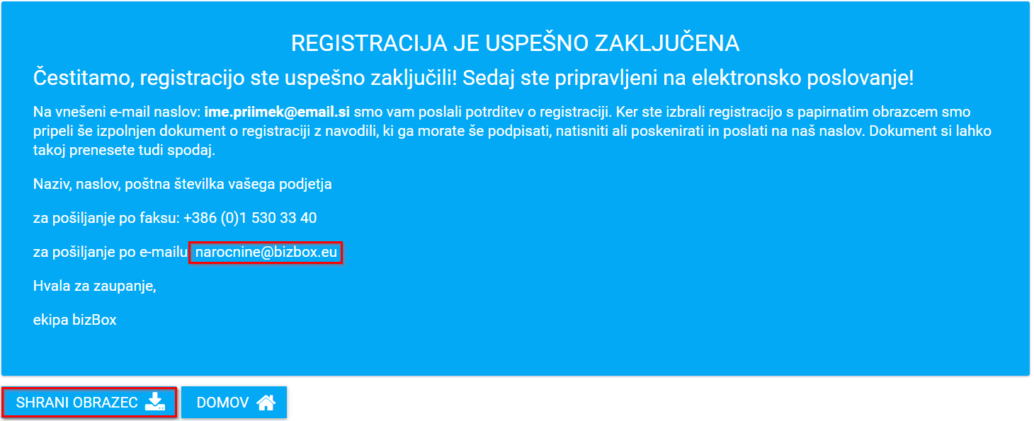 Zaključni korak bizBox z možnostjo shranjevanja registracijskega obrazca.