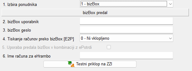 Nastavitve predala bizBox: izbira ponudnika, polji bizBox uporabnik in bizBox geslo ter gumb Testni priklop na ZZI.